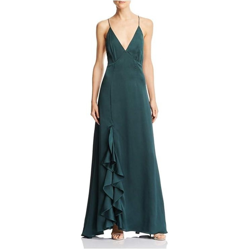 Keepsake the‎ Label Forest Green Satin Ruffle Slit Maxi Dress XL V-Neck Event
